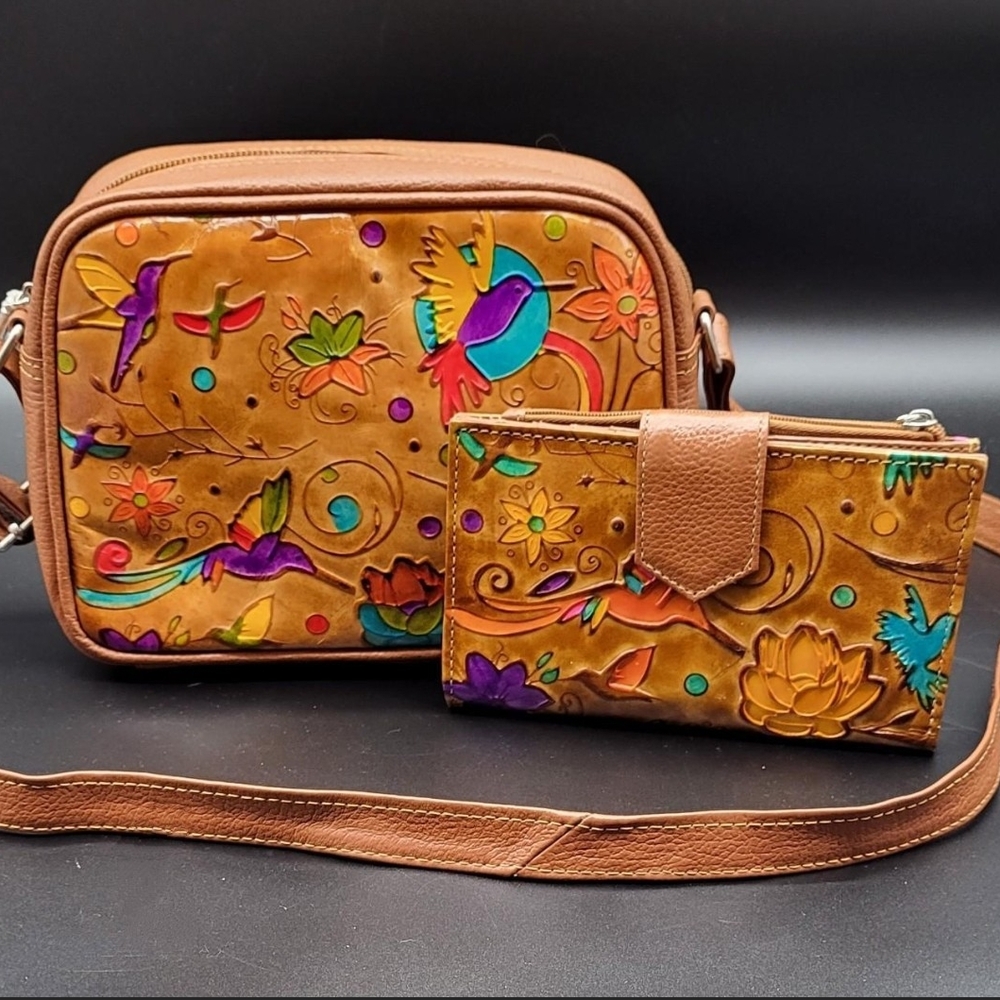 Leather Handpainted Crossbody /Shoulder Bag and Wallet Set